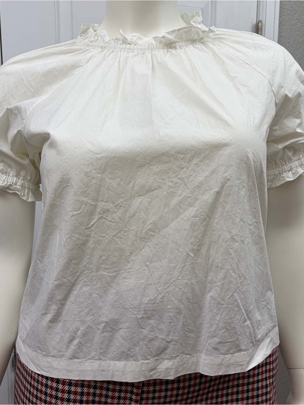 Hill House Home Cream Cotton Puff Sleeve Ruffle Neck Blouse XL